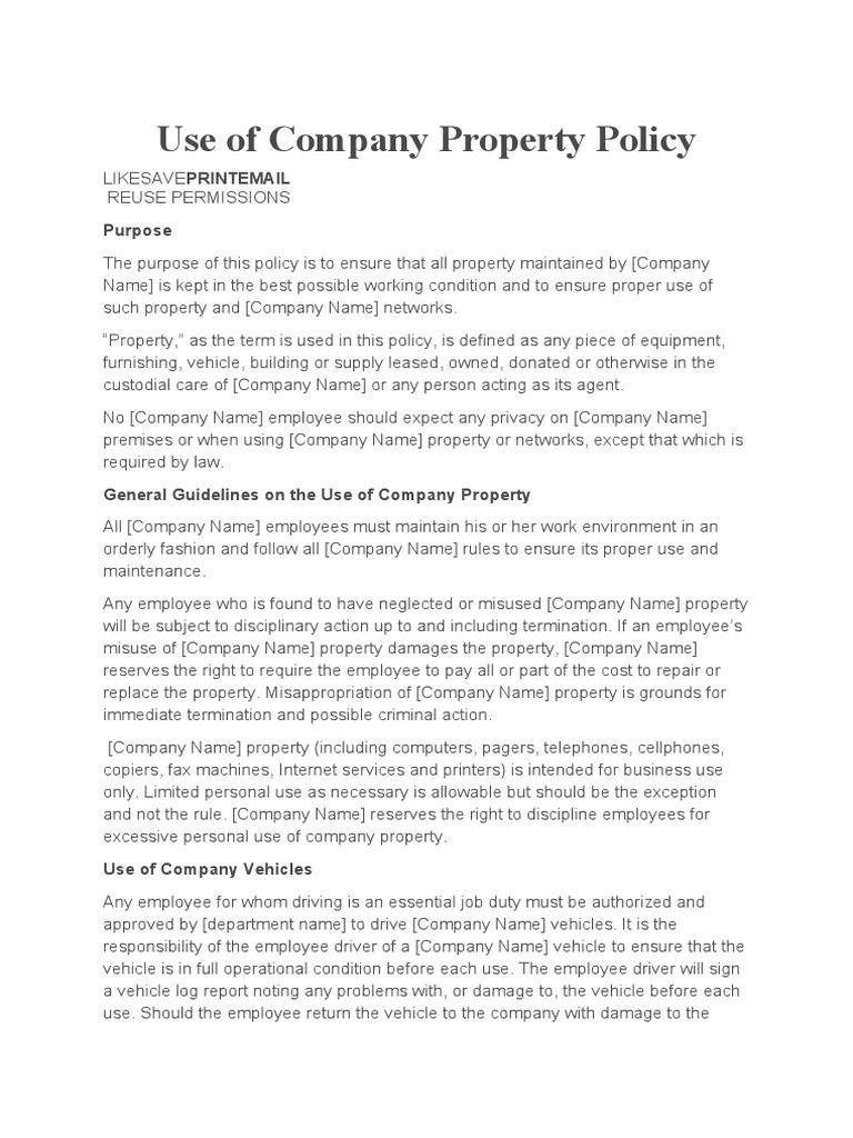Use of Company Property Policy PDF Employment Computer Network