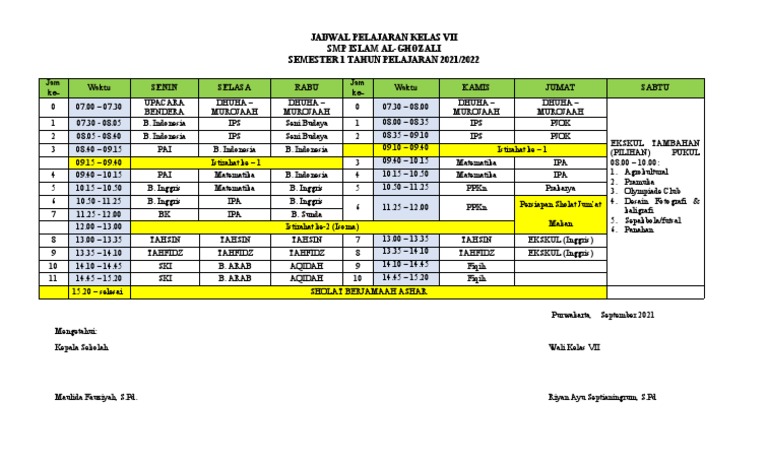 Jadwal Pelajaran Kelas 7 2021 | PDF