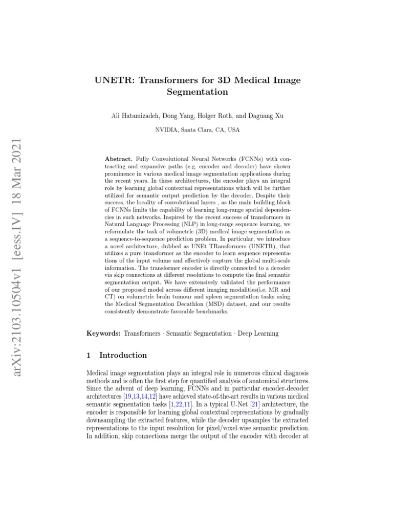 UNETR: Transformers For 3D Medical Image Segmentation | Download Free ...