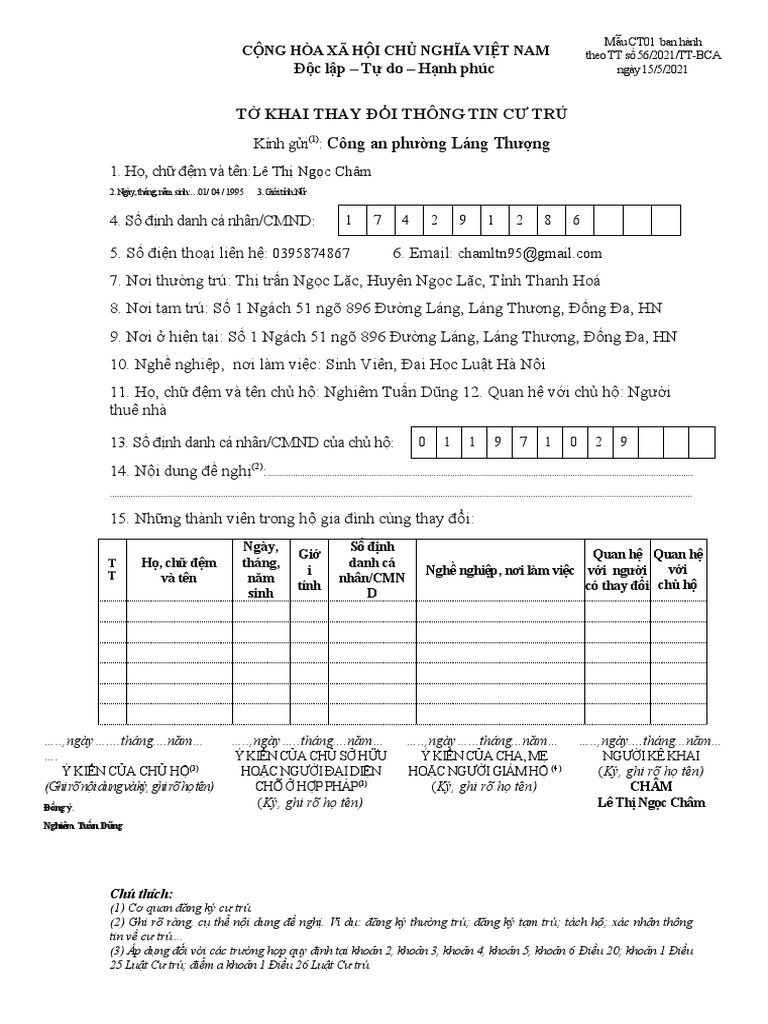 CT01 Tờ Khai Thay Đổi Thông Tin Cư Trú | PDF