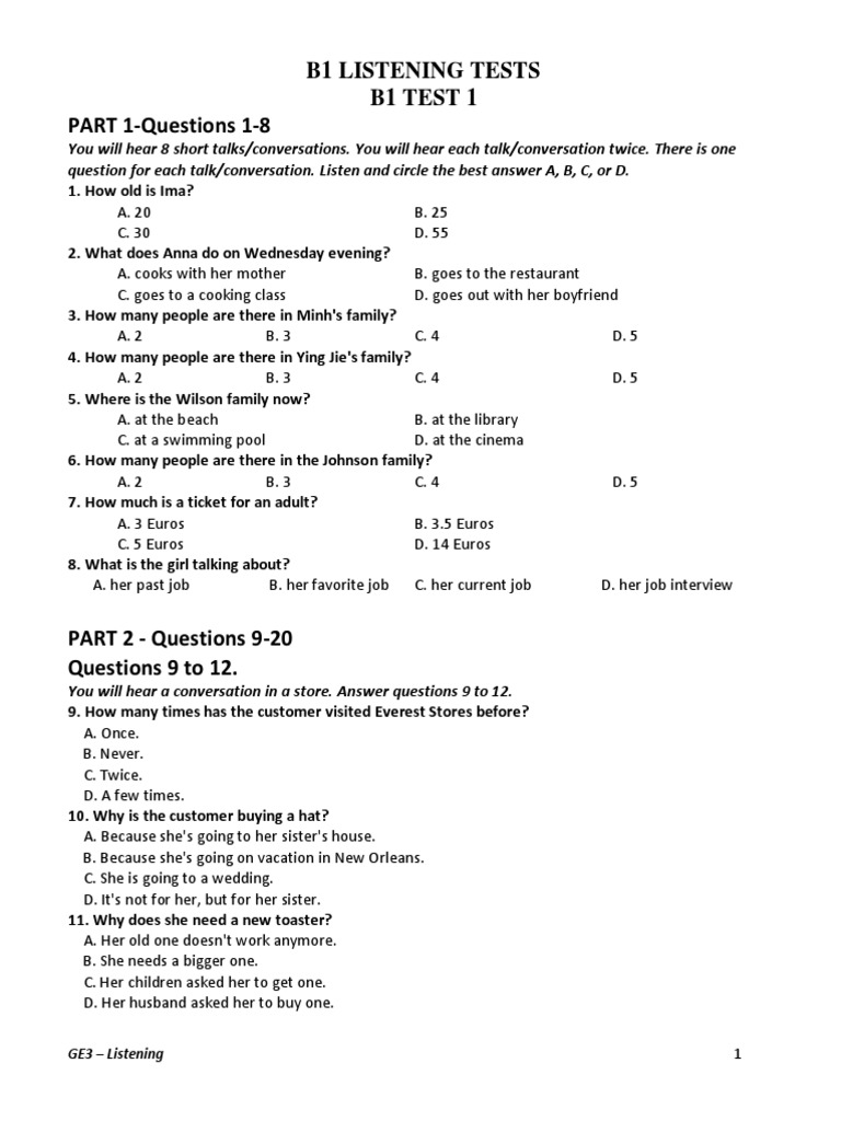 B1 Listening Tests B1 Test 1 PART 1-Questions 1-8 | PDF | Marriage ...