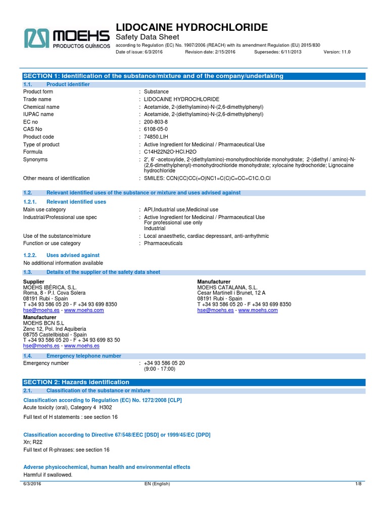 Lidocaine Hydrochloride Safety Data Sheet PDF Dangerous Goods