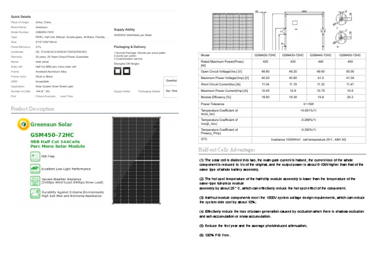 Solar Module GSM450-72HC | PDF | Solar Panel | Solar Cell
