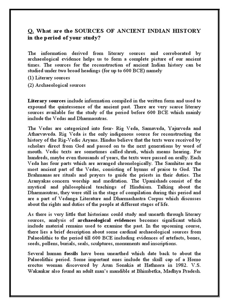 Q. What Are The Sources of Ancient Indian History in The Period of Your Study? PDF Vedas