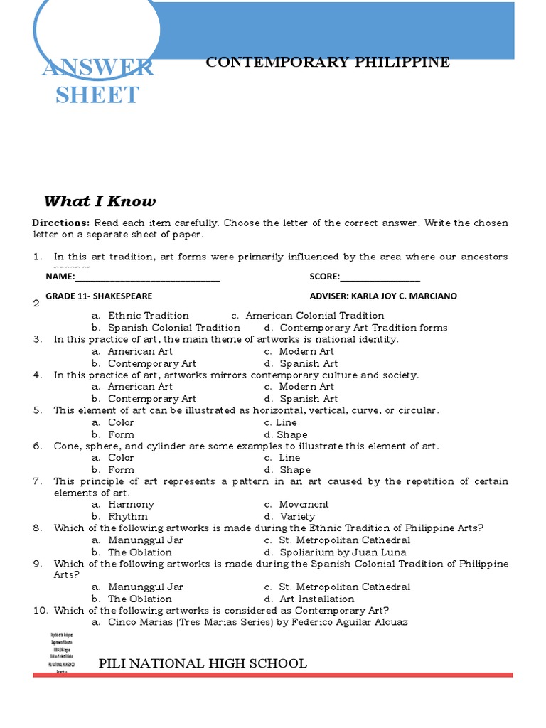 Answer Sheet Con Arts Q1 Week 1 | PDF | Traditions | Rubric (Academic)