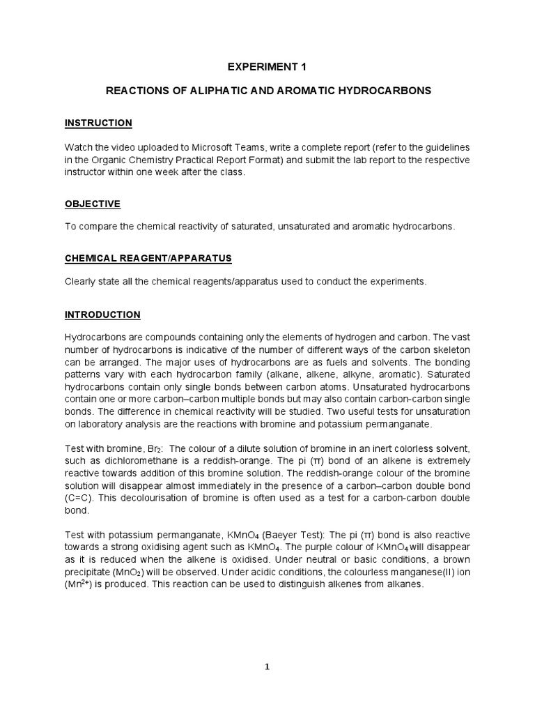 Experiment 1 Reactions Of Aliphatic And Aromatic Hydrocarbons Pdf