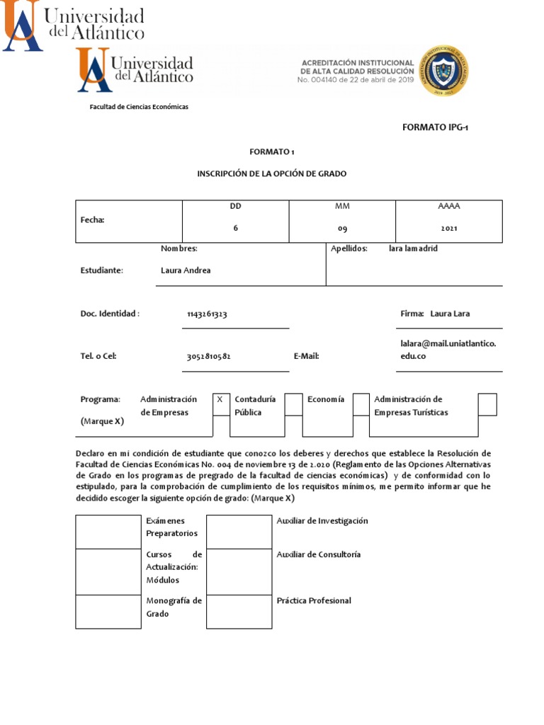Formato Ipg-1 Inscripcion Opcion de Grado 2 | PDF