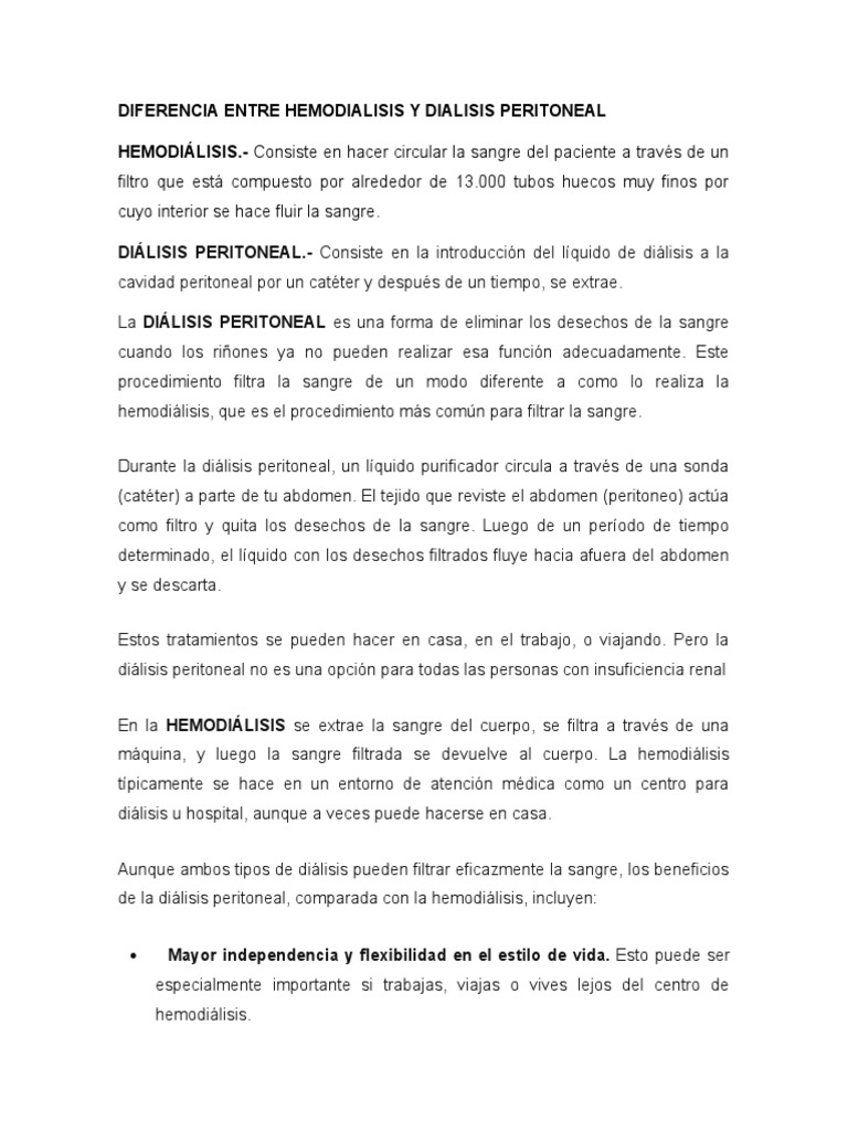 Diferencia Entre Hemodialisis y Dialisis Peritoneal