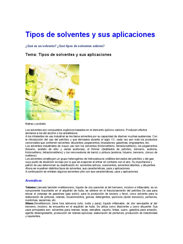 Tipos de Solventes y Sus Aplicaciones | PDF | Solvente | Tolueno