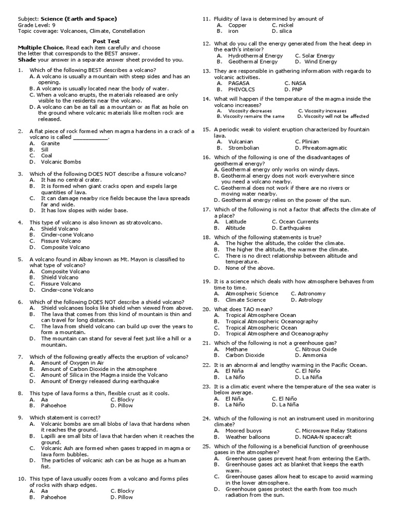Post Test Multiple Choice. Read Each Item Carefully and Choose Shade