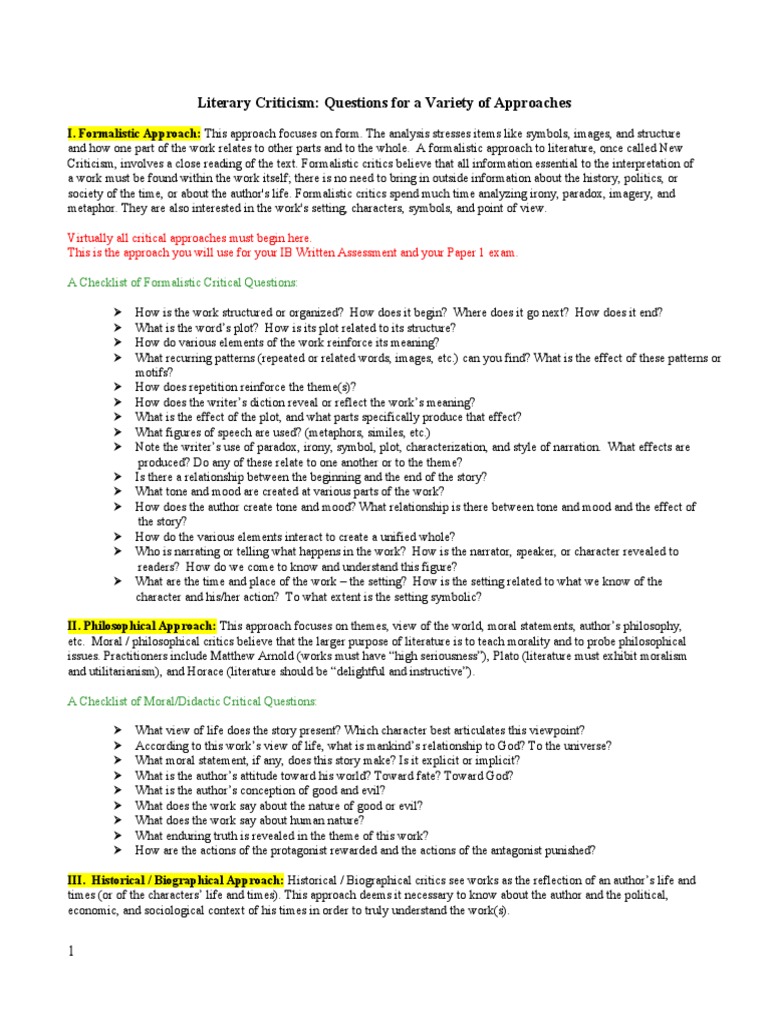 Literary Criticism: Questions For A Variety of Approaches | PDF | Id ...