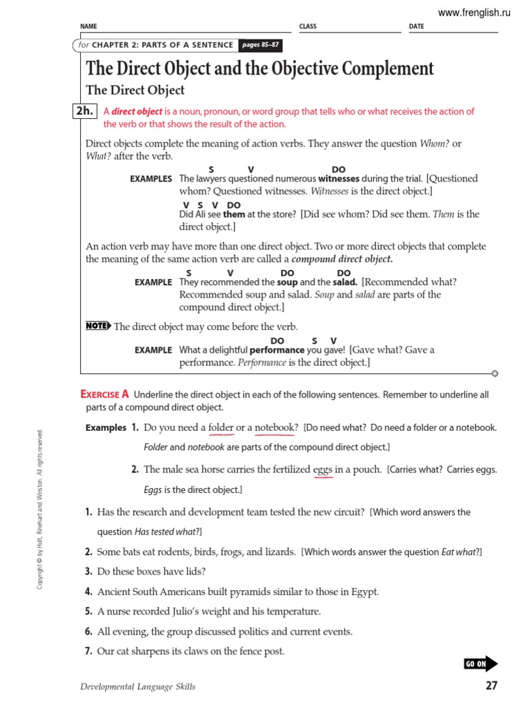 The Direct Object and The Objective Complement | PDF | Object (Grammar ...
