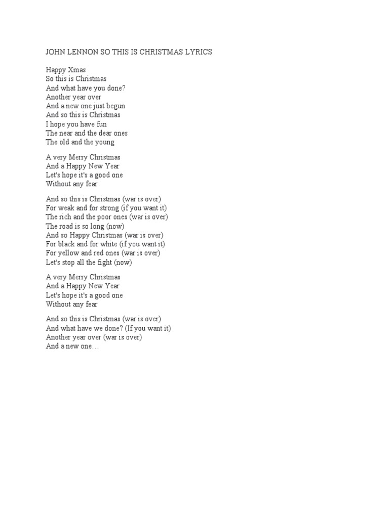 John Lennon So This Is Christmas Lyrics PDF
