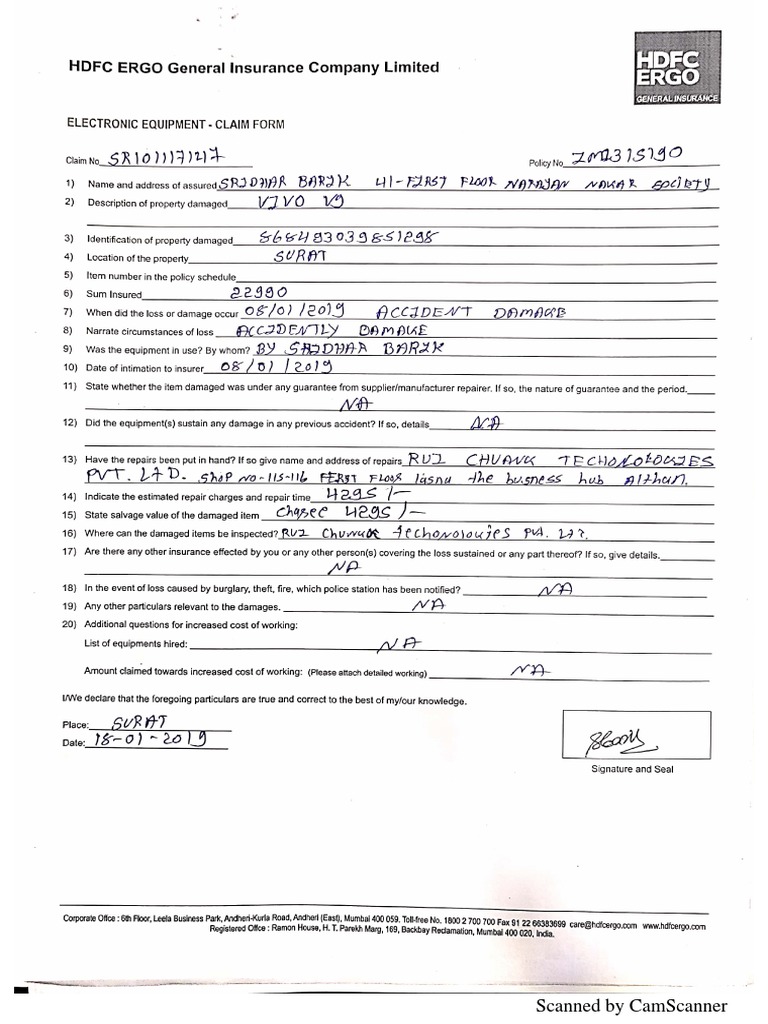 HDFC Ergo Form Sample PDF