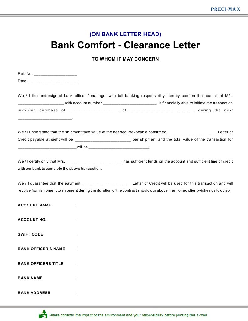 Bank Comfort Clearance Letter PDF