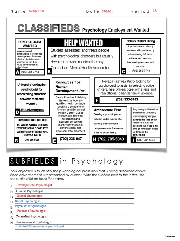 Kami Export - Kenny Frias - Subfields in Psychology Classified Ads 2 | PDF  | Psychologist | Psychology