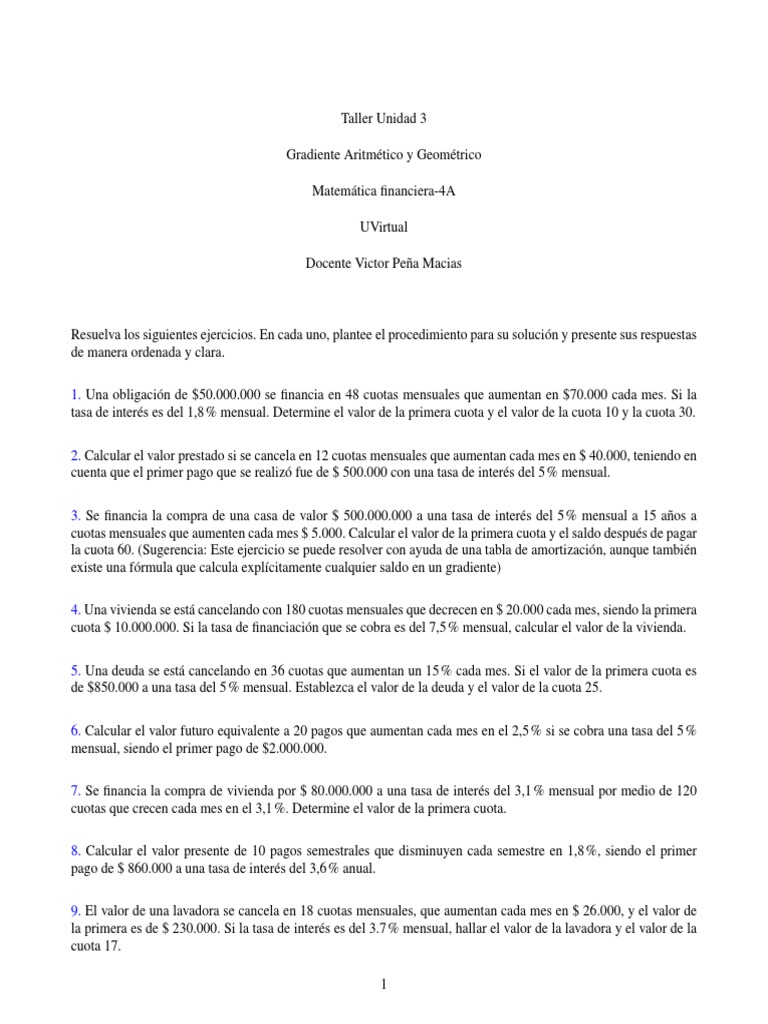 Ejercicios de Gradientes en Matemática Financiera | PDF | Deuda | Préstamos