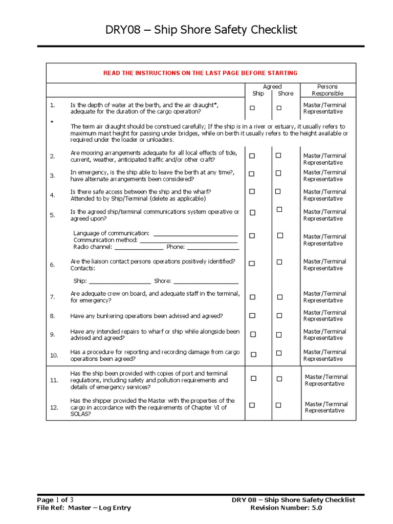Ship Shore Safety Checklist Overview | PDF | Ships | Port