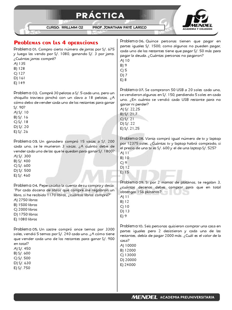Título representativo de problemas matemáticos de operaciones básicas | PDF