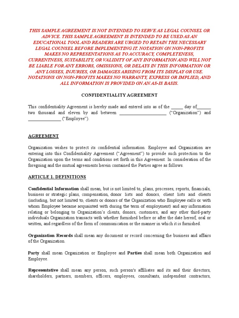 Sample Confidentiality Agreement for Non-profits | Confidentiality