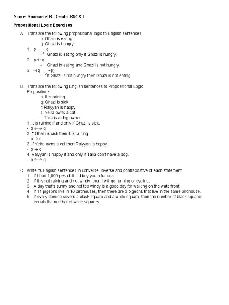 Name: Anamariel B. Denalo BSCS 1: Propositional Logic Exercises | PDF