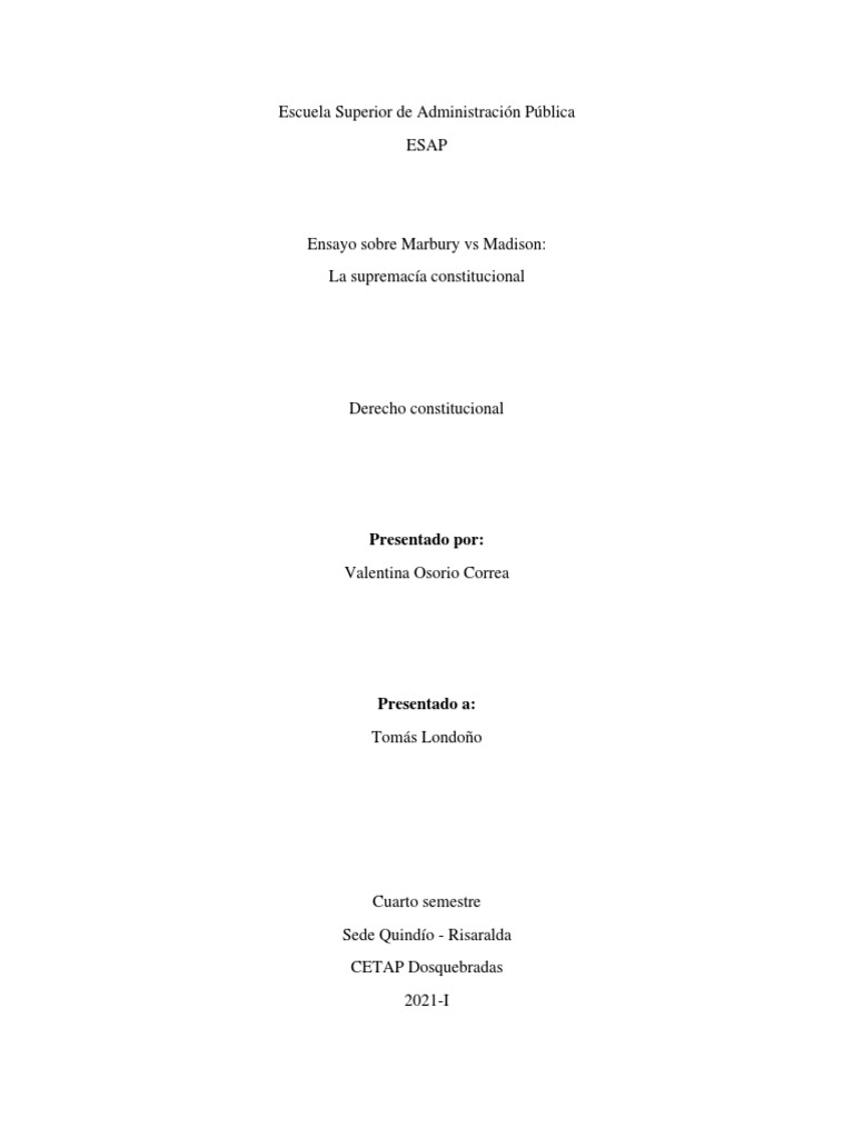 Marbury vs Madison: Supremacía Constitucional | PDF | Tribunal Supremo ...