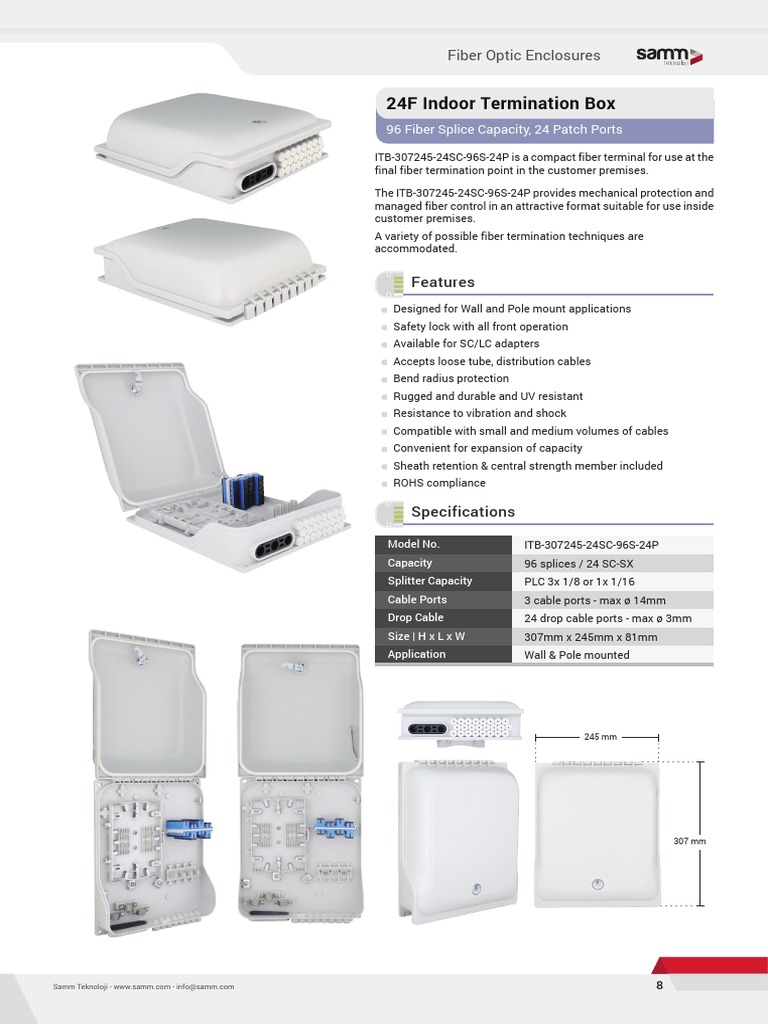 Fiber Optic Indoor Termination Box 24F 96S 24P Samm Teknoloji | PDF ...