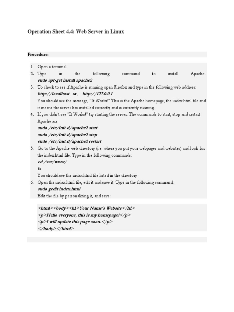 Operation Sheet 4.4 - Web Server and FTP Server Linux | PDF