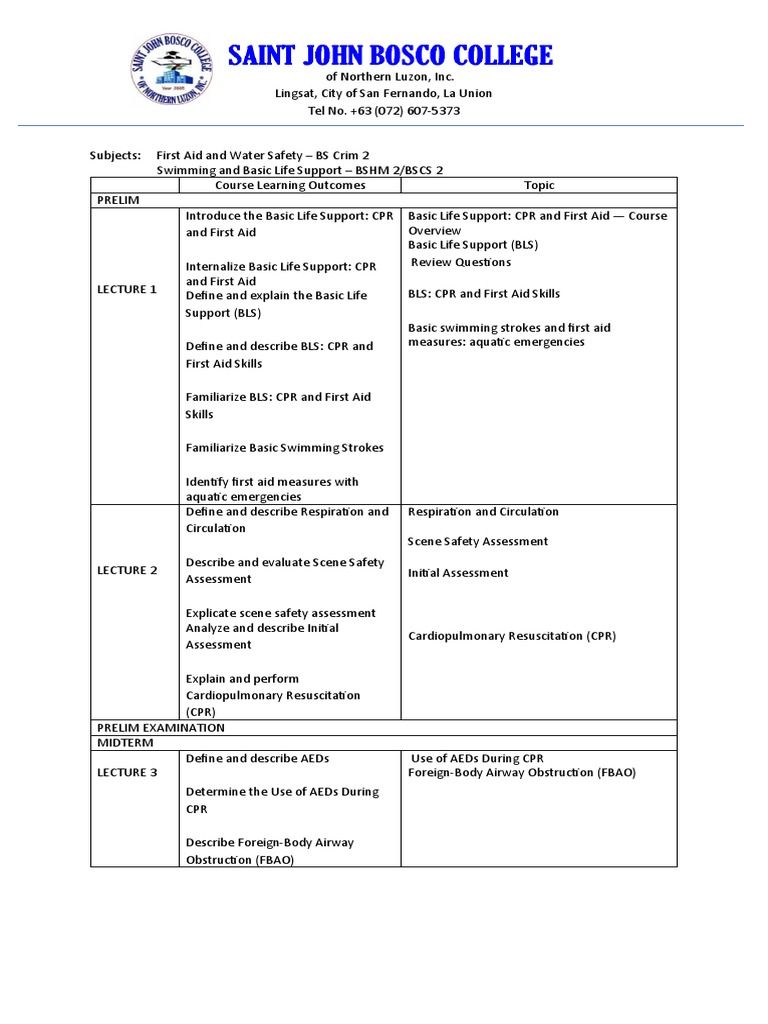 First Aid and Water Safety Course Plan PDF First Aid