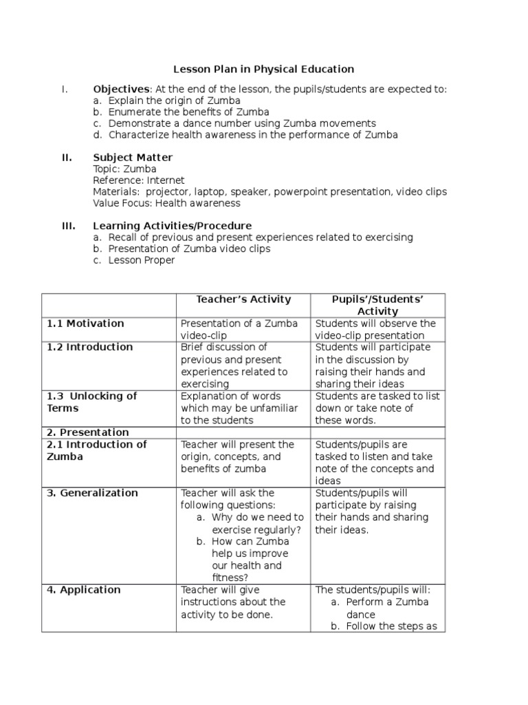 Zumba Lesson Plan and Activities | PDF | Teachers | Physical Education