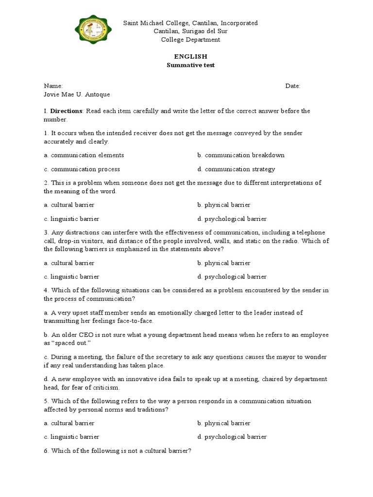 Summative Test in Oral Communication PDF Communication Nonverbal