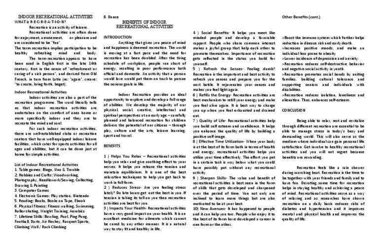 The Benefits of Indoor Recreational Activities A Guide to Promoting