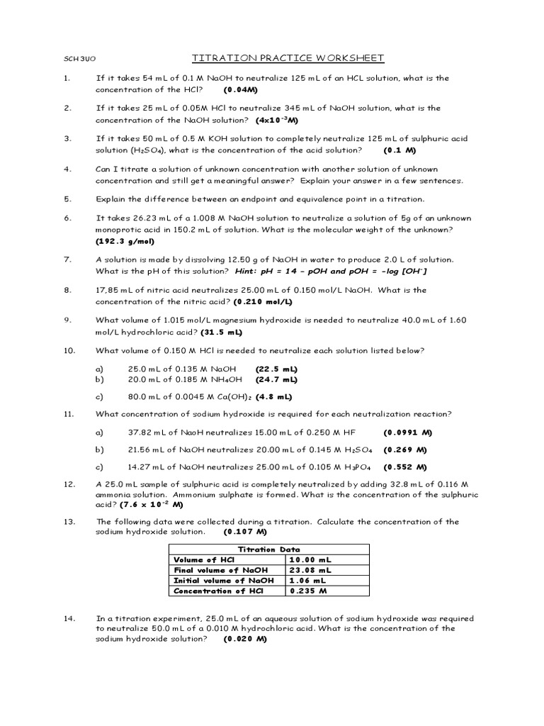 Titration Practice Worksheet SCH 3uo PDF Sodium Hydroxide