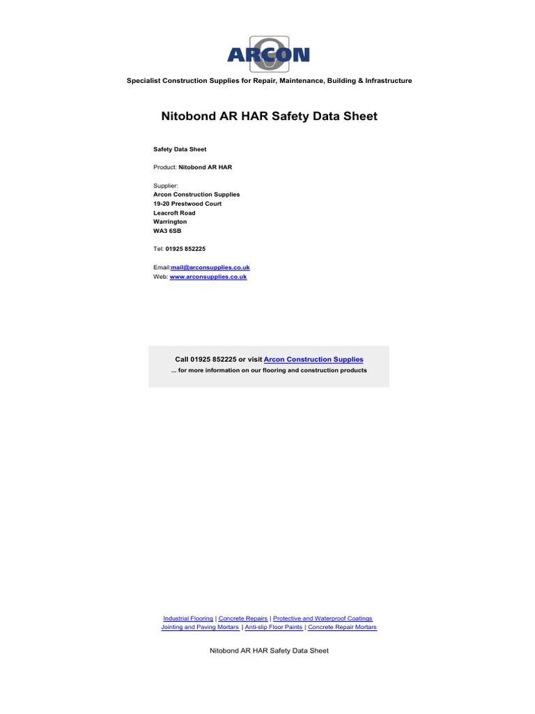 Nitobond AR HAR Safety Data Sheet Specialist Construction Supplies For Repair, Maintenance