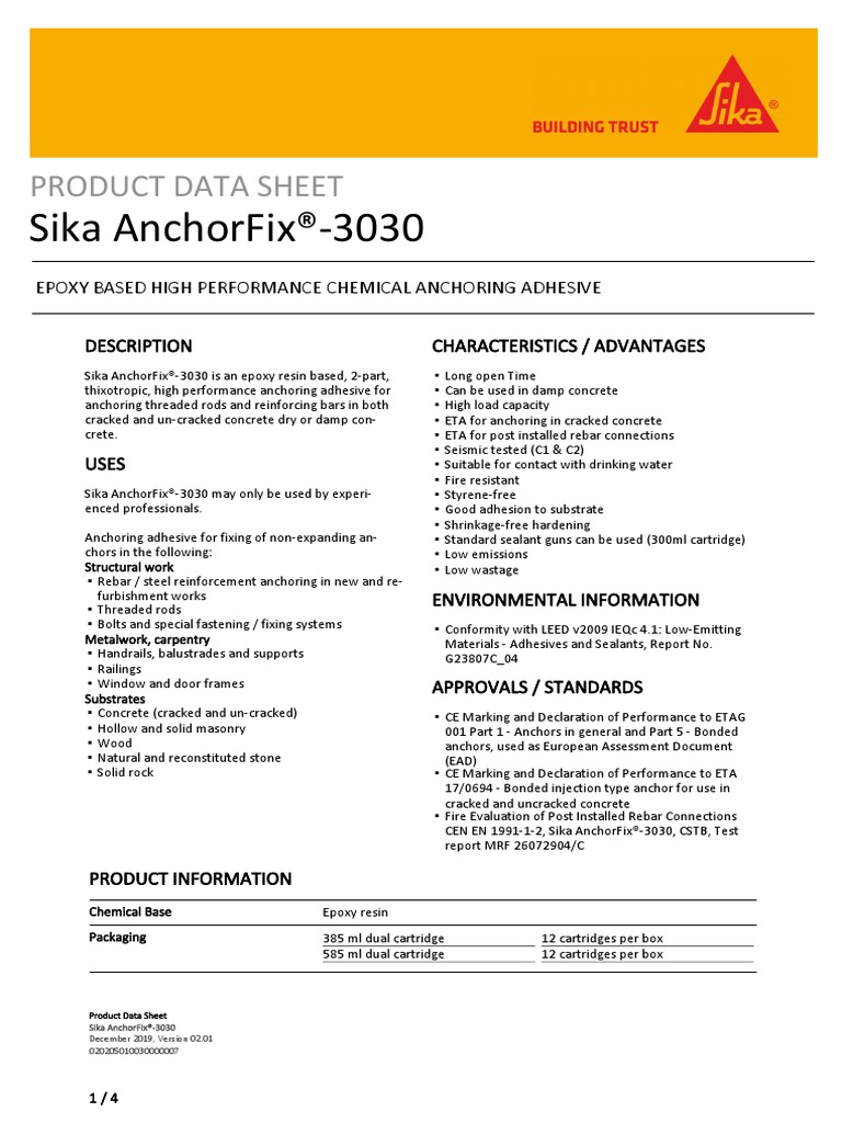 Sika Anchorfix®3030 Product Data Sheet PDF Concrete Drill