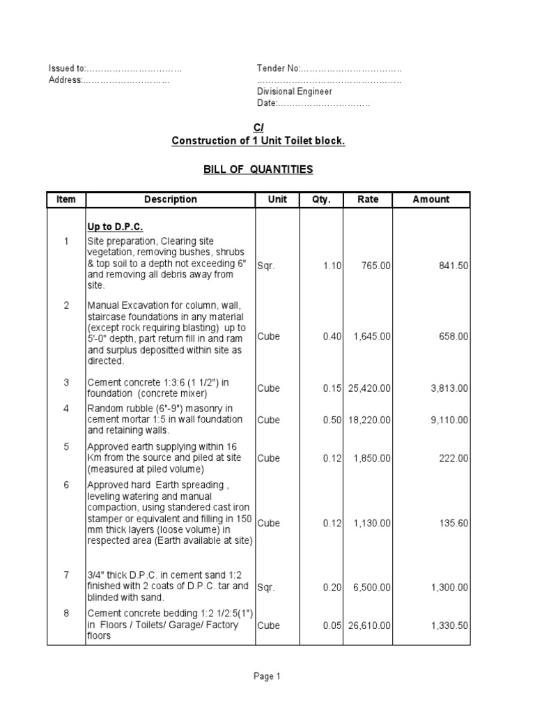 Type BOQ For Construction of 1 Unit Toilet Drawing NO.01 | PDF ...
