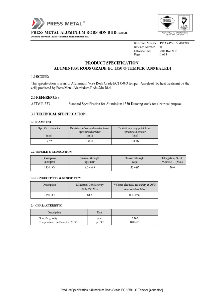 Ec 1350 O Product Specification Rev 0 Pdf Electrical Resistivity And Conductivity Aluminium