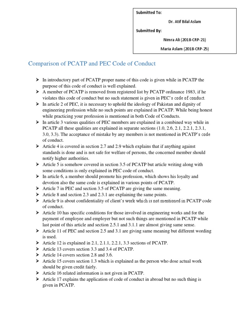 Comparison of PCATP and PEC Code of Conduct | PDF | Employment ...