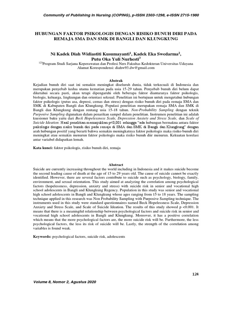 Hubungan Faktor Psikologis Dengan Risiko Bunuh Diri Pada Remaja | PDF