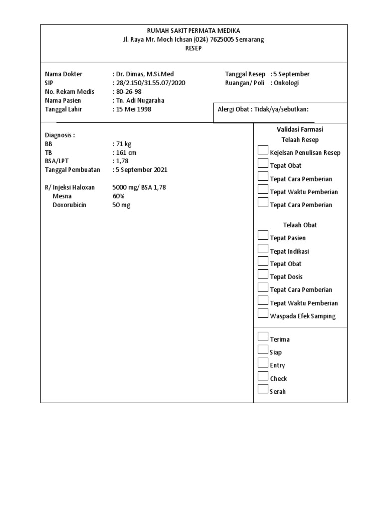 Contoh Resep Injeksi Obat Onkologi | PDF