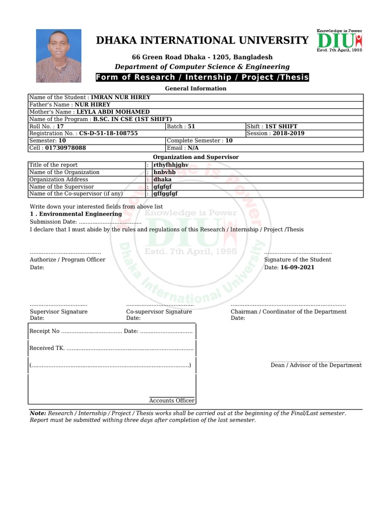Dhaka International University Form Of Research Internship Project