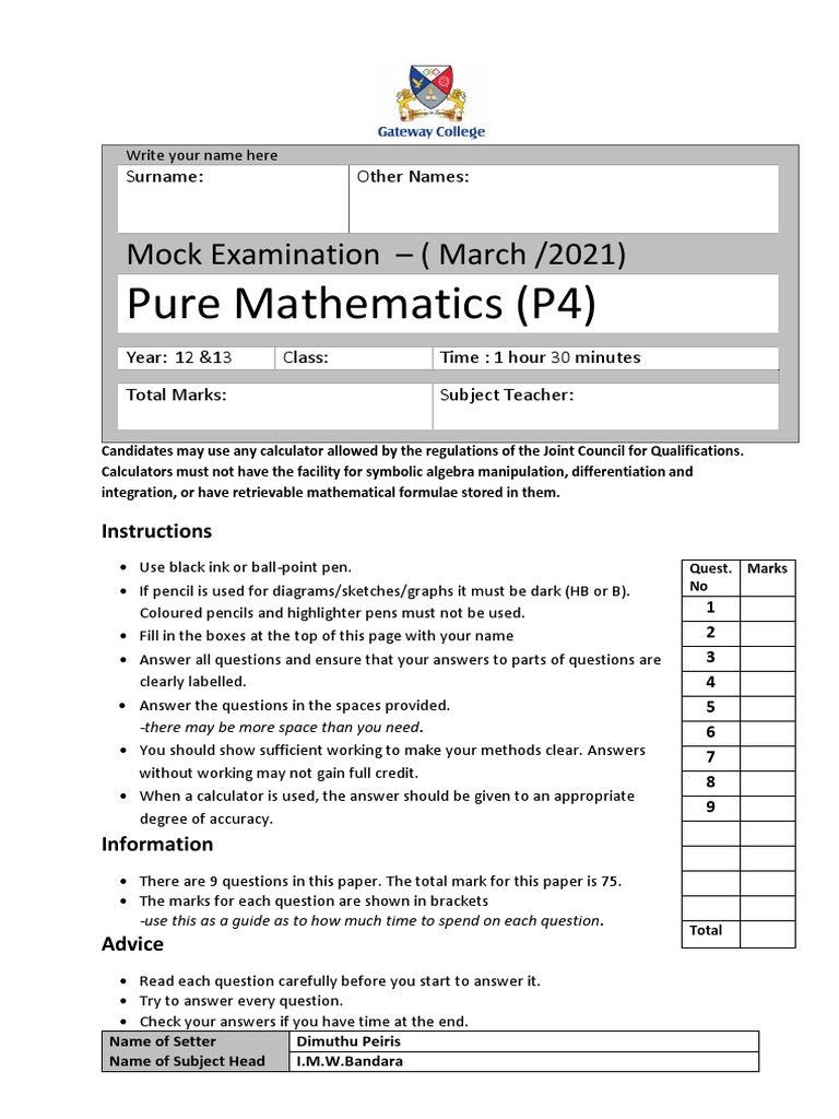Yr 12 & 13 - Mathematics - P4 | PDF | Mathematics | Algebra