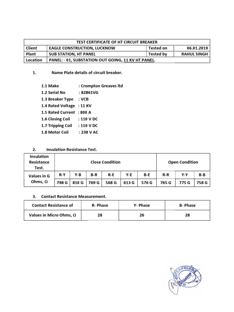 HT Panel Testing Report for 11 KV VCB | PDF | Inductor | Voltage