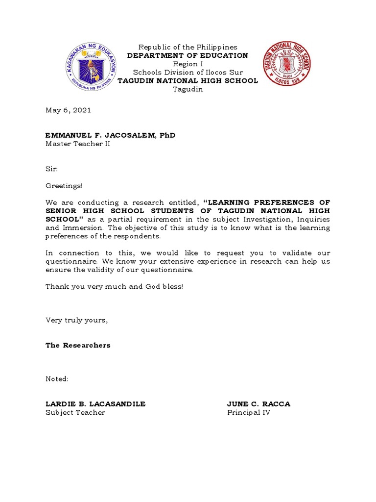 Letter To Validators .Letter To Respondents. Questionnaire. GROUP 6 12 ...