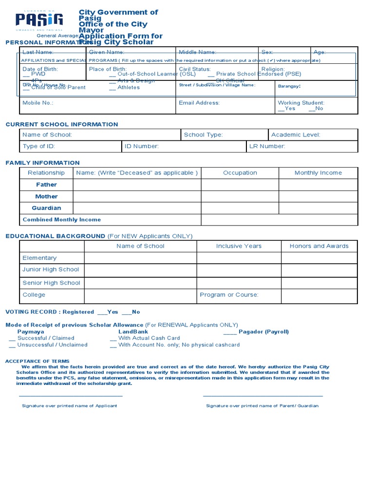 Downloadable Application Form For Pasig City Scholars | PDF