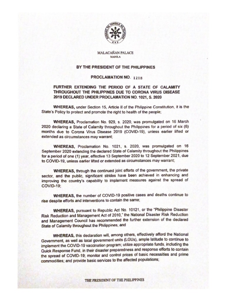 Presidential Proclamation No. 1218, Series of 2021 | PDF