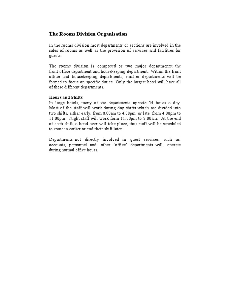 Rooms Division Structure in Hotels | PDF | Service Industries