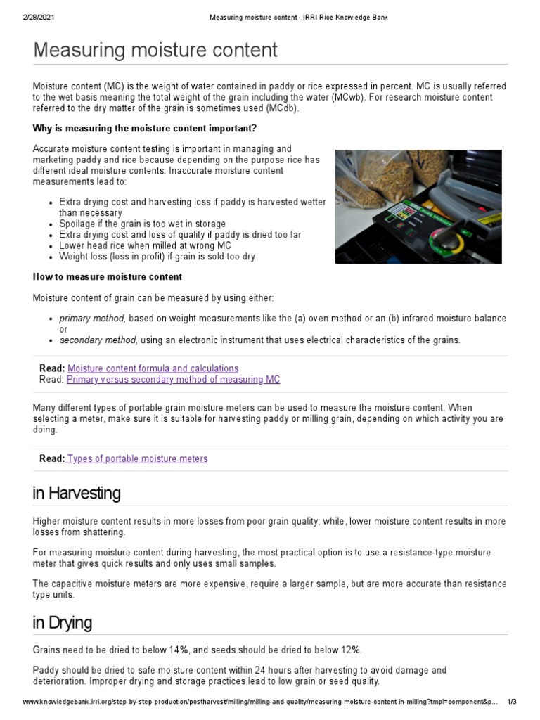 Measuring Moisture Content - IRRI Rice Knowledge Bank | PDF | Rice