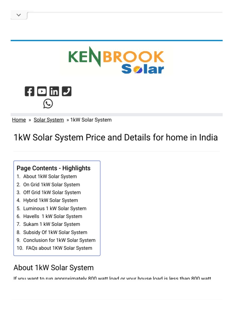 1kW Solar System Price in India With Battery & Subsidy - Kenbrook Solar ...