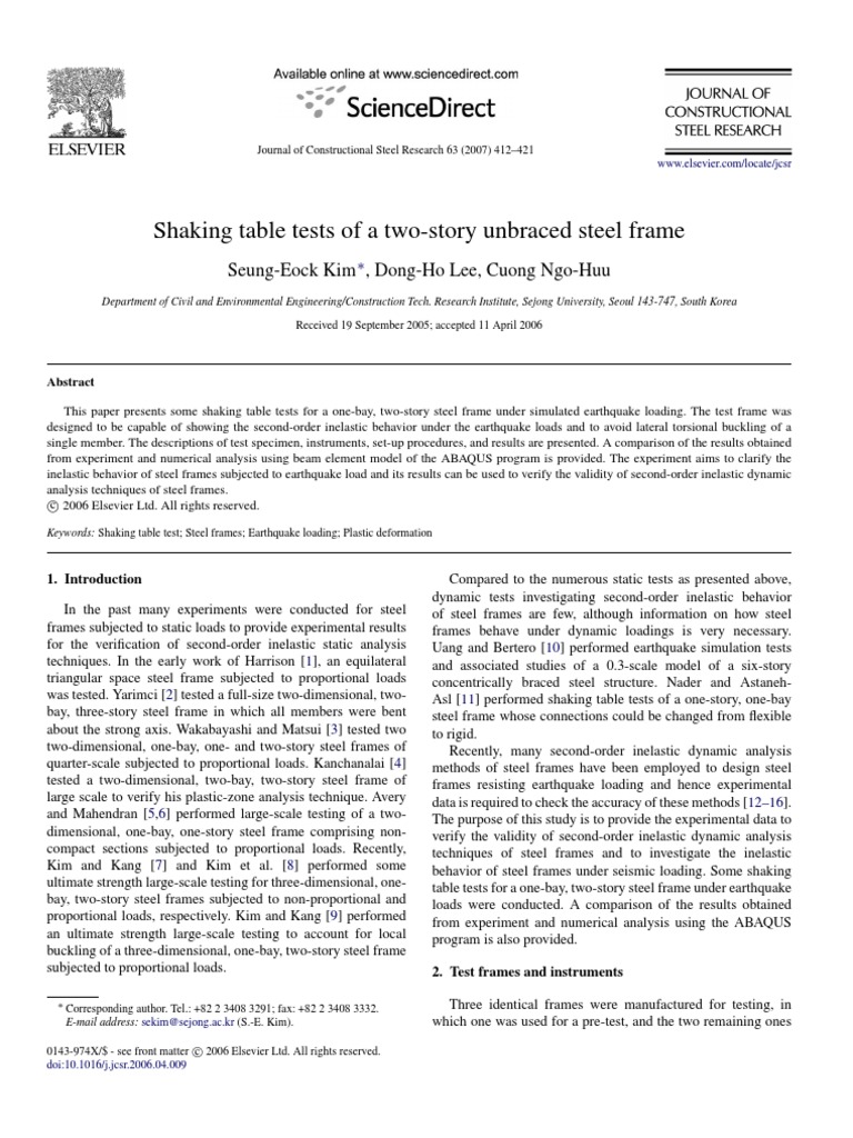 Shaking Table Tests of A 2 Storey Unbraced Steel Frame-JCSR | PDF ...